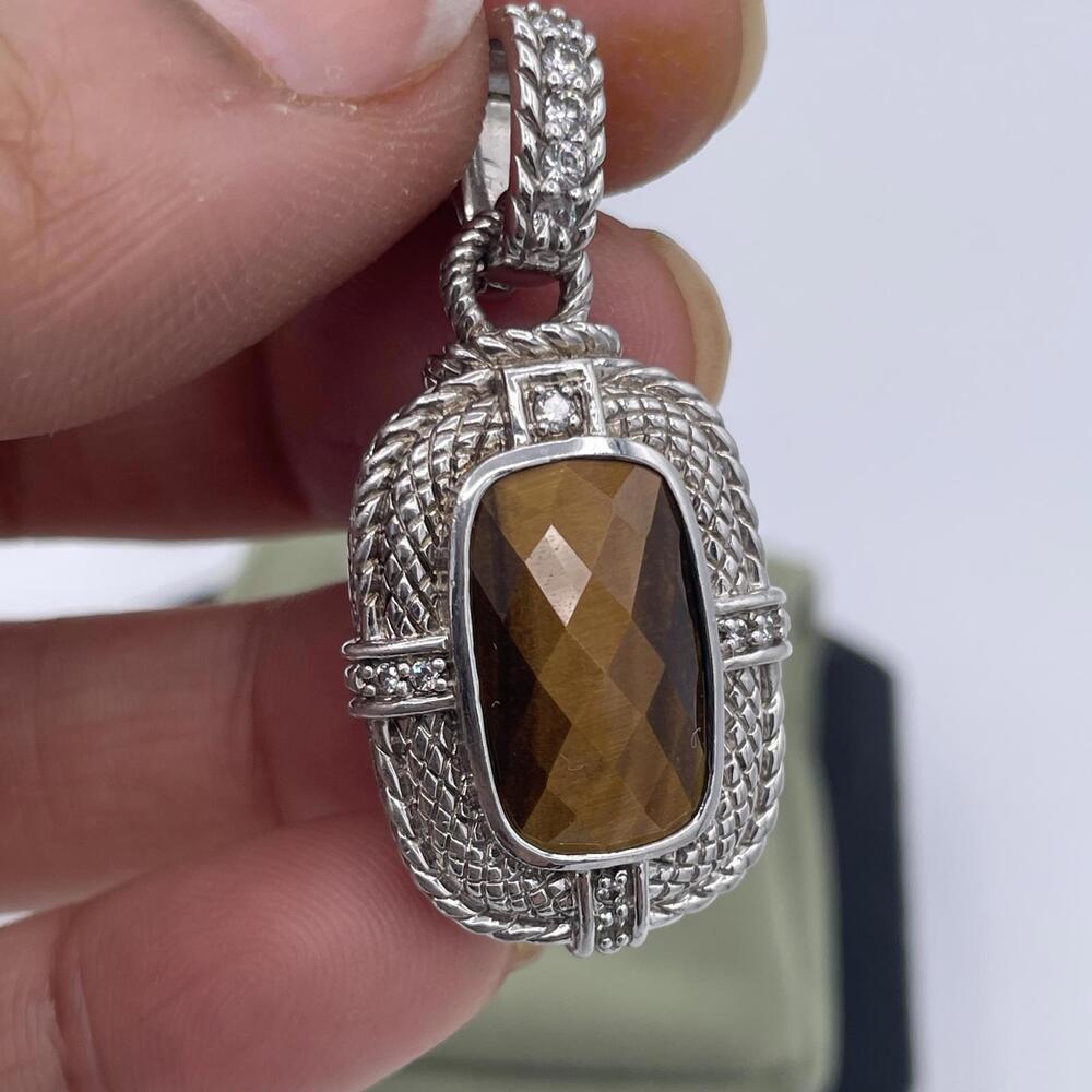 Judith Ripka Tiger’s Eye and CZ Enhancer Pendant Sterling Silver 925 Thailand - Picture 6 of 10